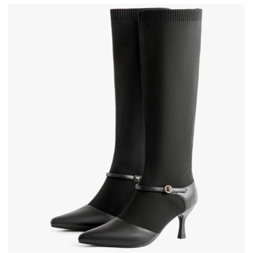 Kitten Heel Knee High Boots for Women Stretchy Knit Sock Booties Knee Sz 6 Black - Picture 12 of 16